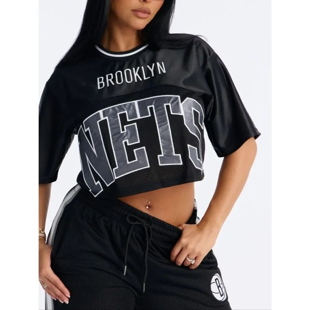 NBA Black & White Brooklyn Nets Cropped Jersey Top -K